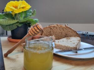 Frühstück mit einem Glas Honig, Primel und Brot